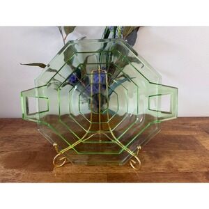 Vintage Uranium Glass Serving Tray Geometric Octagon Handles Art Deco Glow Plate